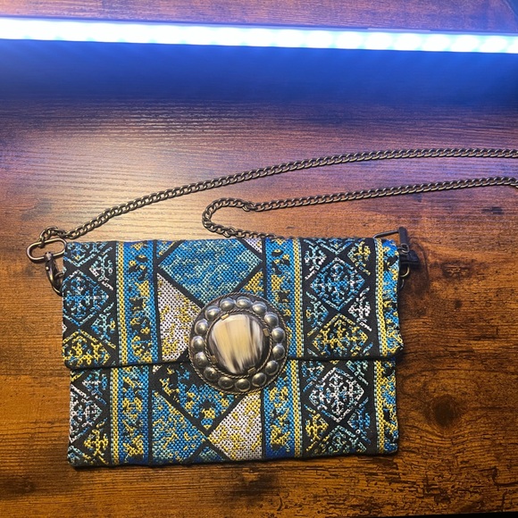 Handbags - Boho Western Tapestry Crossbody Clutch w/ Statement Stone Concho & Chain Strap